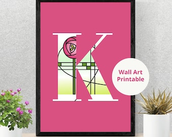 Plakaty z różowymi literami w stylu art déco Charlesa Rennie Mackintosha z efektem witrażu | Sztuka ścienna | Szkocki prezent | Wystrój domu | Litera K