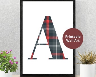 Modern Red and Grey Tartan Letter Poster | Unique Wall Art | Home Decor | Downloadable Wall Art | Scottish Gift Idea | Print at home