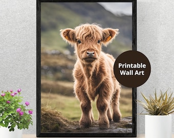 May include: A close-up of a brown Highland calf standing on a rock with a green grassy background. The calf is looking directly at the camera. The text "Printable Wall Art" is in a circle in the bottom right corner of the image.