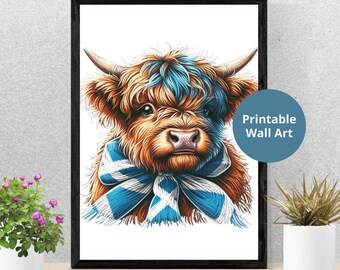 Chalk Art Highland Baby Cow with Scottish Flag Scarf - Downloadable Print | Printable Wall Art | Scottish Home Decor | Instant Download