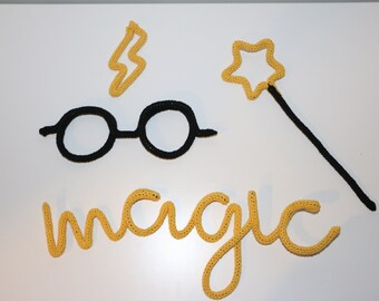 Knitted Wizard Decor Set – Glasses, Wand, Lightning Bolt, 'Magic' Word