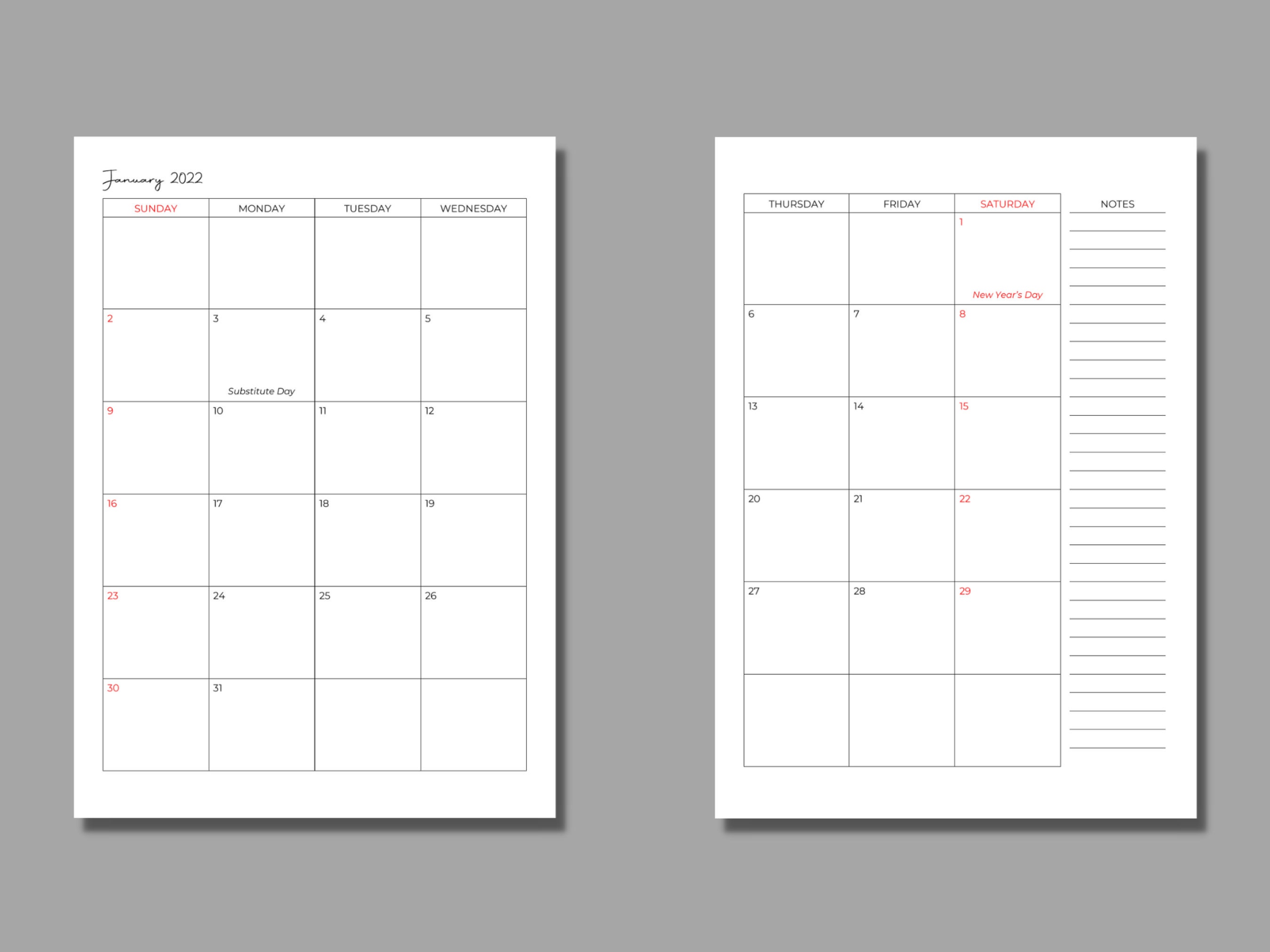 calendar 2022 2 page per month calendar simple etsy