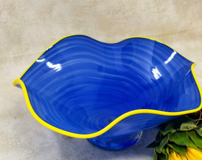 For Ukraine.  A decorative and funcational blown glass bowl in the colors of the Ukraine flag.