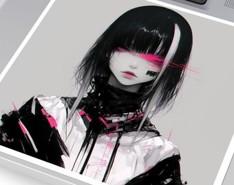 以下が含まれることがあります： 黒髪の女性が白と黒の服を着ているデジタルイラスト。彼女は目にピンクの線があり、未来的な美学を持っている。