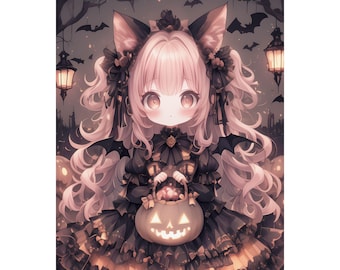 Póster de Halloween kawaii, impresión artística de Halloween, arte de pared de Halloween, arte de pared kawaii, póster de anime, póster de manga, póster japonés, Harajuku Fairy Kei