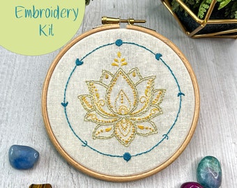 Golden Lotus embroidery kit | Embroidery Kit | Hand embroidery kit | DIY embroidery kit | Craft kit | Mindful kit | Mindful embroidery