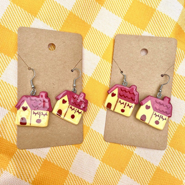 handmade sleepy little cottages - cute and cozy ploymer clay house earrings