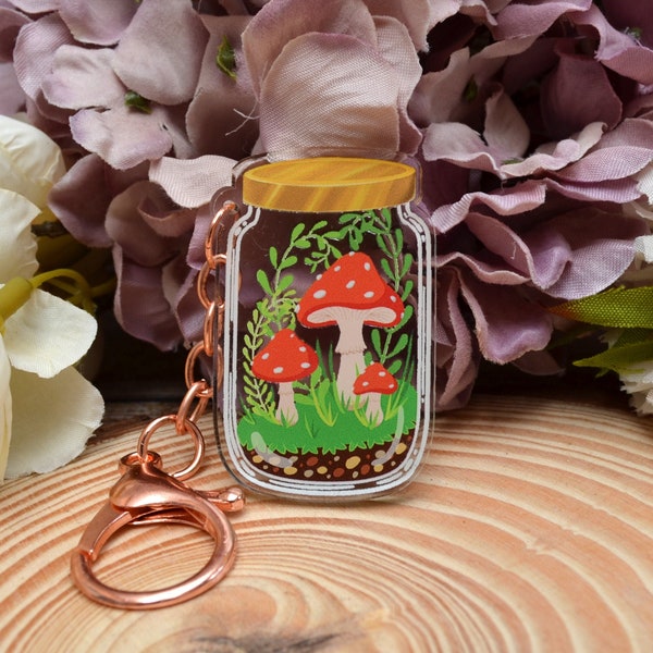 Toadstool jar terrarium keyring with rose gold clasp, doublesided - mushroomcore witchcore cottagecore forestcore goblincore