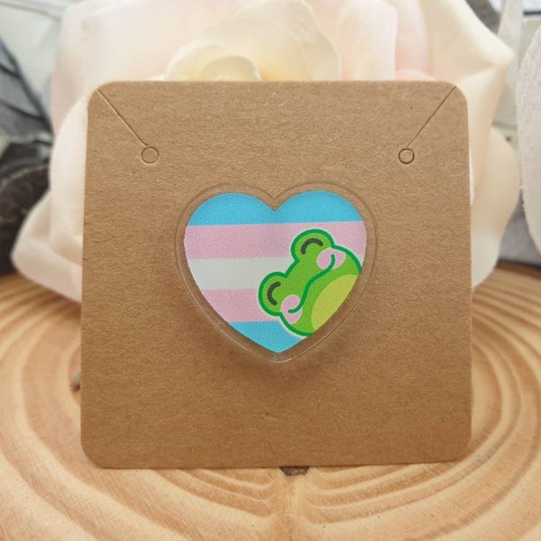 Trans frog pin, clear acrylic heart pin, pride flag frog, lgbt pin, gay frogs