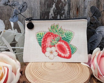 Strawberry linen purse, fruit pouch, Strawberry coin purse, cottagecore accessories