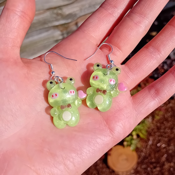 Resin glitter frog earrings, frog jewelry, cottagecore fashion, hypoallergenic silver hooks