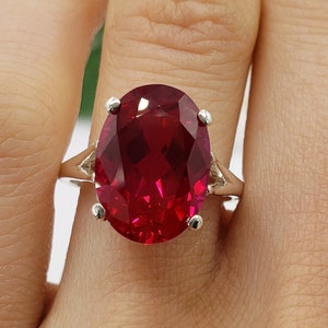 14x10mm Lab-Created Red Ruby Oval Cut, 4-Prong Solitaire Ring, Sterling Silver, Made to Order, Jewelry Gift
