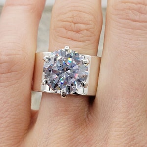 8mm-12mm Round Cut, 12mm Wide Band Solitaire 6 Prong Ring, 6A Cubic Zirconia or Moissanite or HPHT Diamond, 925 Silver, Made to Order