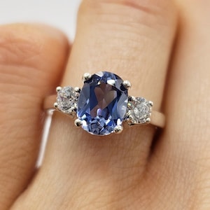 8x6mm Lab Ceylon Blue Sapphire Oval Cut, Trellis Three Stone Ring, Sterling Silver or Gold, Made to Order, Jewelry Gift