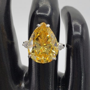 16x12MM Dark Canary Yellow Pear Cut 5A Quality Cubic Zirconia, Statement Engagement Wedding Ring, Sterling Silver, Made to Order
