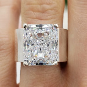 12x10mm Brilliant Radiant Cut, 12mm Wide Band Solitaire, Engagement Wedding Statement Ring, 5A Cubic Zirconia, 925 Silver, Made to Order
