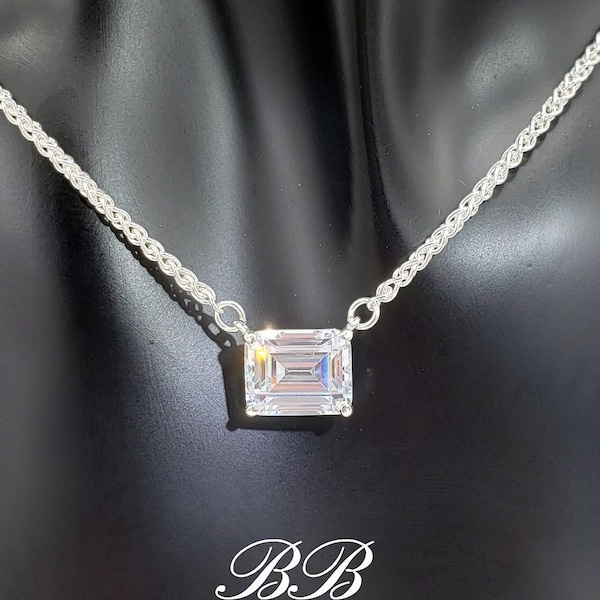 7x5mm - 10x8mm Emerald Cut East West Pendant Necklace, 925 Sterling Silver, Made to Order