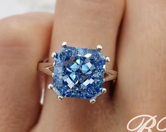 10MM Blue Crushed Ice Radiant Cut Eight Prong Solitaire Statement Ring, 5A Quality Cubic Zirconia, Sterling Silver, Made to Order