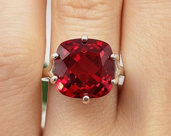 8mm - 12mm Lab-Created Red Ruby Cushion Cut, 6-Prong Solitaire Ring, Sterling Silver or Gold, Made to Order, Jewelry Gift