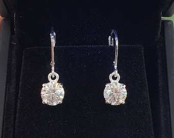 6mm-15mm Round Moissanite or Cubic Zirconia Dangle Earrings, LeverBack, Made to Order, 925 Unplated Sterling Silver, Jewelry Gift