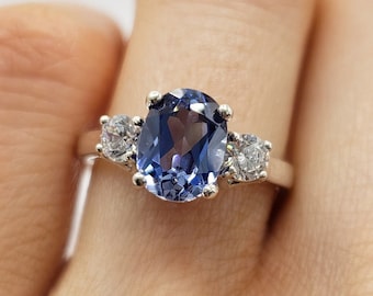 8x6mm Lab Ceylon Blue Sapphire Oval Cut, Trellis Three Stone Ring, Sterling Silver or Gold, Made to Order, Jewelry Gift