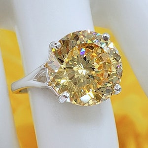 12mm Canary Yellow Portuguese Cut Cubic Zirconia, 4-Prong Solitaire Ring, 5A Quality CZ, Sterling Silver, Made to Order, Jewelry Gift