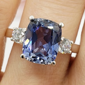 10x8mm Lab Ceylon Blue Sapphire Elongated Cushion Cut, Trellis Three Stone Ring, Sterling Silver or Gold, Made to Order, Jewelry Gift