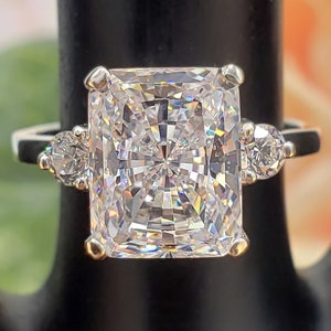 9x7mm - 16x12mm Brilliant Radiant Cut Three Stone Engagement Ring, 6A Quality Cubic Zirconia, Sterling Silver, Made to Order