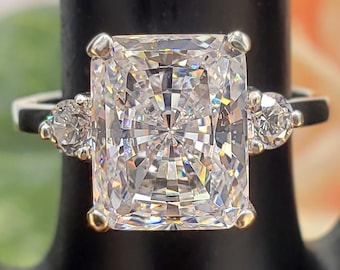 9x7mm - 16x12mm Brilliant Radiant Cut Three Stone Engagement Ring, 6A Quality Cubic Zirconia, Sterling Silver, Made to Order