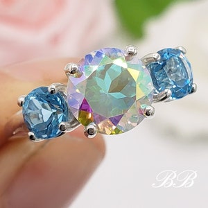8MM Mystic Mercury Topaz Three Stone Gemstone Ring, Your Choice of Accent Stones, 925 Sterling Silver, Made to Order