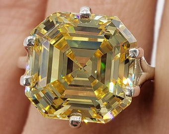 12MM amarillo canario Asscher 5A calidad Cubic Zirconia, anillo de declaración de boda de compromiso solitario de 6 puntas, plata de ley, hecho a pedido