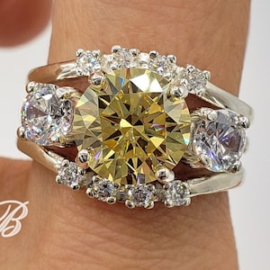 9MM Canary Yellow Three Stone Engagement Wedding Contoured Bridal Ring Set, 5A Quality CZ, Sterling Silver, Made to Order, Jewelry Gift