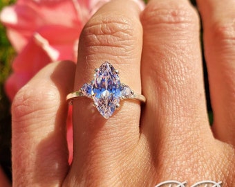 10x5mm - 16x8mm Marquise Round Accented Three Stone Engagement Ring, 6A Quality Cubic Zirconia, Sterling Silver, Made to Order