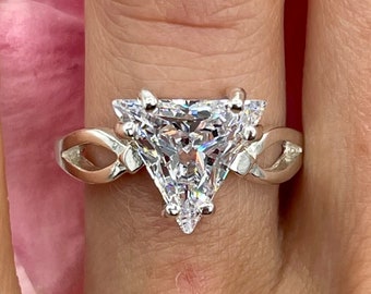 9mm - 10mm Pointed Triangle Solitaire Ring, 6A Quality Cubic Zirconia, Sterling Silver, Made to Order