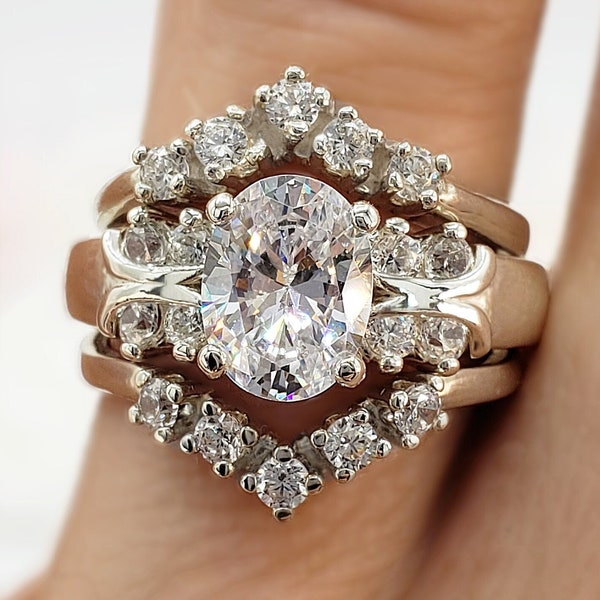 8x6MM Oval Wide Band Accented Multi-Stone Scroll Design With (2) Vee Bands Wedding Ring Set, 6A Cubic Zirconia,Sterling Silver,Made to Order