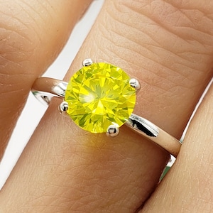7mm YAG Lab Created Yellow Yttrium Aluminum Garnet, UV Glow, 4-Prong Solitaire Ring, Sterling Silver or Gold, Made to Order, Jewelry Gift