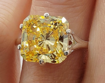 8MM - 10MM Canary Yellow CZ Radiant, 6-Prong Solitaire Engagement Wedding Ring, 5A Quality Cubic Zirconia, Sterling Silver, Made to Order