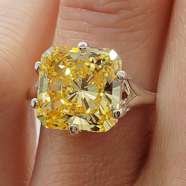 8MM - 10MM Canary Yellow CZ Radiant, 6-Prong Solitaire Engagement Wedding Ring, 5A Quality Cubic Zirconia, Sterling Silver, Made to Order