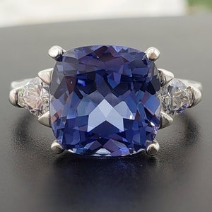 8mm - 10mm Lab Ceylon Blue Sapphire Cushion Cut, Trillion Accent Three Stone Ring, Sterling Silver or Gold, Made to Order, Jewelry Gift