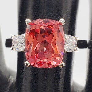 10x8mm Lab Orange Padparadscha Sapphire Elongated Cushion Cut, Trellis Three Stone Ring, Sterling Silver/Gold, Made to Order, Jewelry Gift