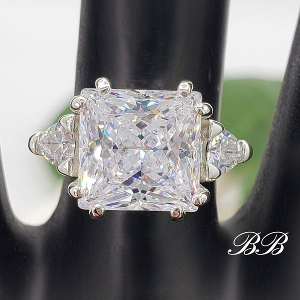 8mm - 10mm Princess Cut CZ, Trillion Accented, Three Stone Ring, 6A Quality Cubic Zirconia, Sterling Silver, Made to Order