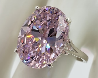 10x8mm - 20x15mm Oval Cut Light Pink CZ Diamond, 4-Prong Solitaire Ring, 5A Quality Cubic Zirconia, Sterling Silver, Made to Order