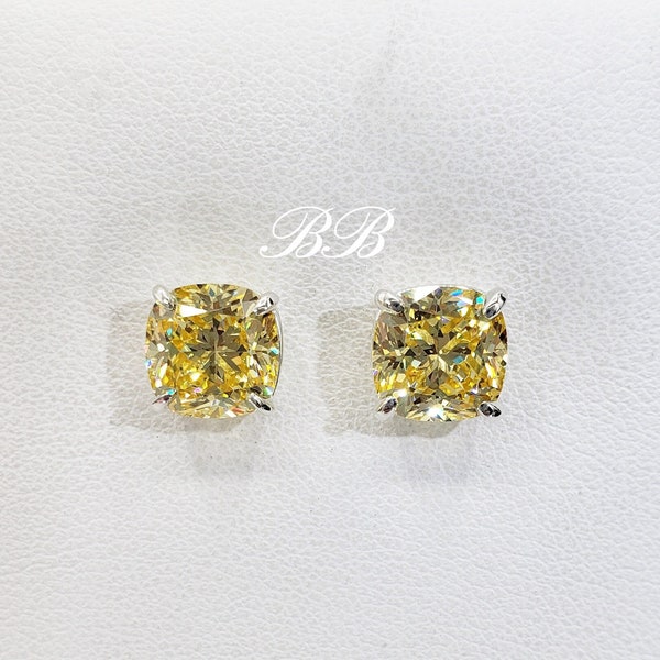 8mm Cushion Cut Stud Earrings, Canary Yellow, 5A Quality Cubic Zirconia, Sterling Silver, Made to Order