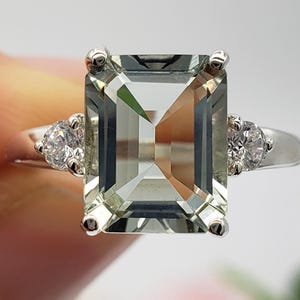 9x7mm-16x12mm Natural Light Green Prasiolite Amethyst, Emerald Cut, Three Stone Ring, 925 Sterling Silver, Made to Order, Jewelry Gift