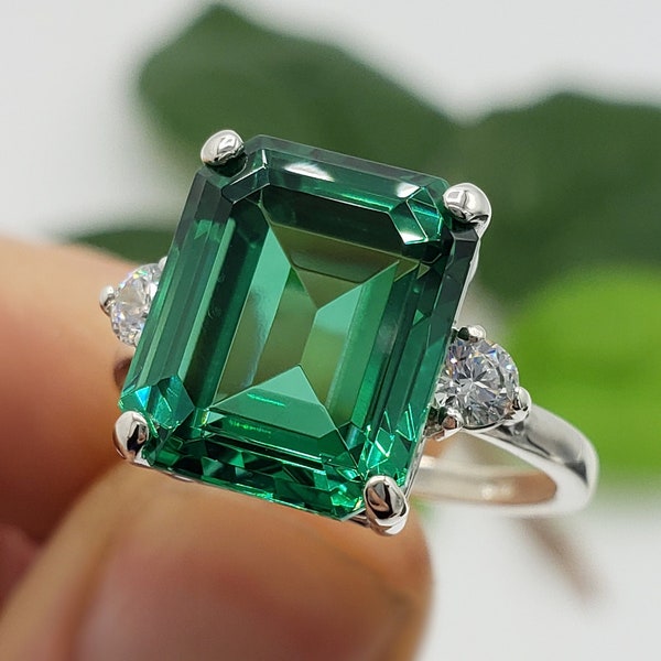 9x7mm-16x12mm Imitation Synthetic Emerald, Spinel Doublet, Three Stone Ring, 925 Sterling Silver, Made to Order, Jewelry Gift