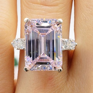 14x10mm Elongated Asscher Cut, Light Pink, Multi-Stone Engagement Wedding Ring, 5A Quality Cubic Zirconia, Sterling Silver, Made to Order