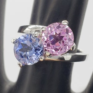 7mm Two Stone, Toi Et Moi Bypass Ring, Pink & Ceylon Blue Lab Created Sapphires, Unplated 925 Sterling Silver, Made to Order, Jewelry Gift