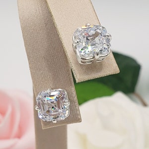 5mm - 10mm Square Asscher Cut, 6A Quality Cubic Zirconia or Moissanite, 4-Prong Stud Earrings, Sterling Silver or Gold, Made to Order