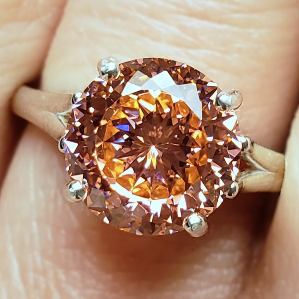 8mm - 12mm Unique Color Change Orange to Pink Portuguese Cut Solitaire Ring, 5A Quality Cubic Zirconia, Sterling Silver, Made to Order