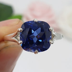 8mm- 10mm Lab-Created Blue Sapphire Cushion Cut, 6-Prong Solitaire Ring, Sterling Silver or Gold, Made to Order, Jewelry Gift